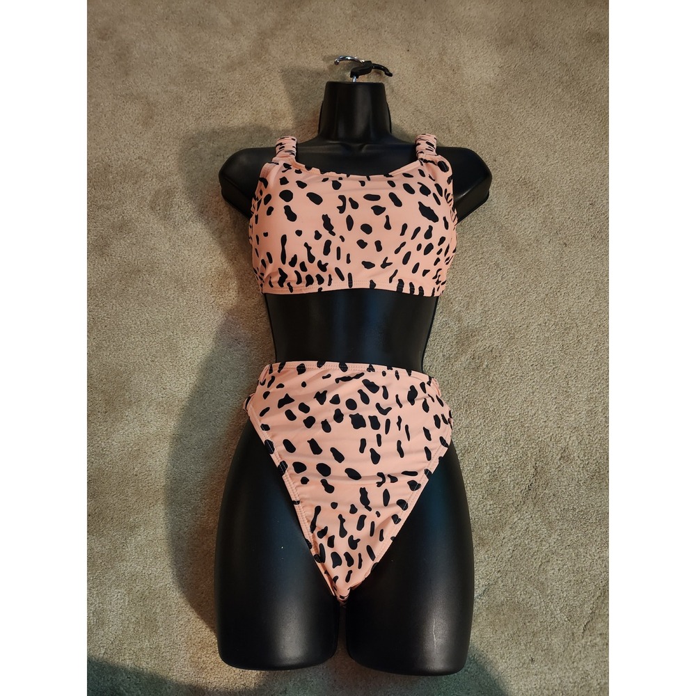 Anna-Kaci Womens Dalmatian Print High Waisted Bikini Set Tan Black 2XL